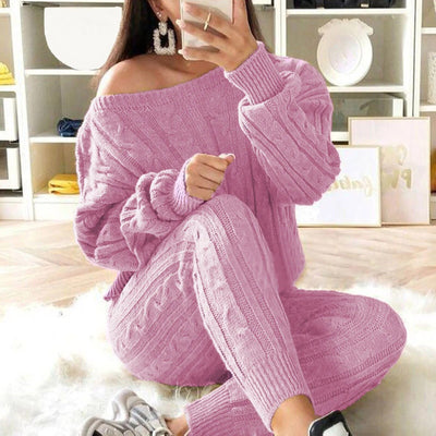 5xl Casual Knitted Long Sleeve O-neck Sweater Top &amp; Long Pants Suit Women Solid Color 2 Pieces Sets 2023 Autumn Winter Clothing