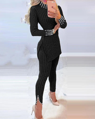 5xl Casual Knitted Long Sleeve O-neck Sweater Top &amp; Long Pants Suit Women Solid Color 2 Pieces Sets 2023 Autumn Winter Clothing