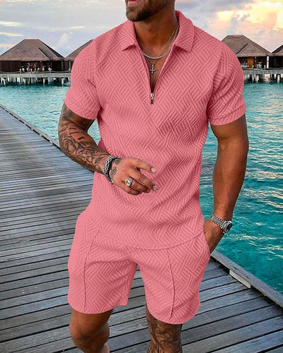 Athleisure Men's Solid Color Luxury Zip Up Polo Shirts and Shorts Street Casual Short Sleeve Zip Up Polo Shirts Solid Color Set