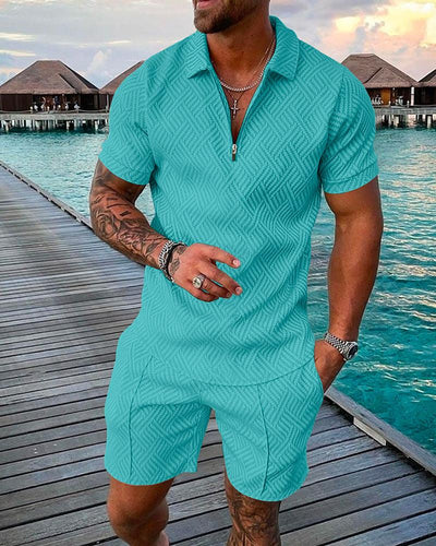 Athleisure Men's Solid Color Luxury Zip Up Polo Shirts and Shorts Street Casual Short Sleeve Zip Up Polo Shirts Solid Color Set