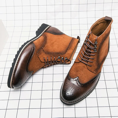 British Ankle Boots Men Shoes Fashion Retro PU Stitching Faux Suede Brock Carving Lace Up Classic Casual Street Daily CP366