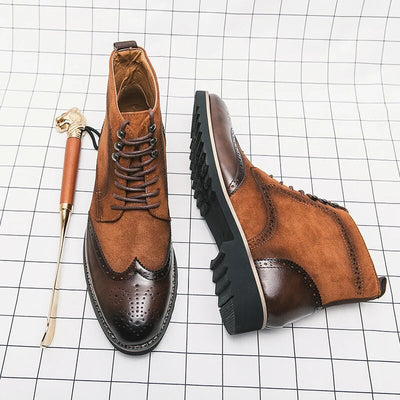 British Ankle Boots Men Shoes Fashion Retro PU Stitching Faux Suede Brock Carving Lace Up Classic Casual Street Daily CP366
