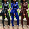 Faux Leather Women Suits Autumn Winter 2021Jacket Coat Stacked Pants Trousers Two-piece Set Office  Womens Sweatshirt Set