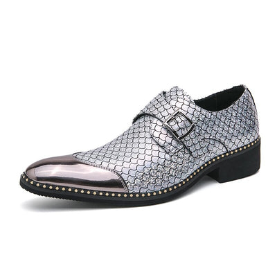 Gold Shoes for Men Wedding Loafers Pointed Toe Fish Scale Pattern Buckle Strap Silver Shoes Men with Free Shipping Size 39-45