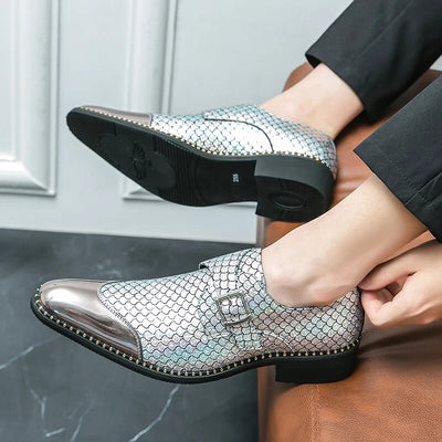 Gold Shoes for Men Wedding Loafers Pointed Toe Fish Scale Pattern Buckle Strap Silver Shoes Men with Free Shipping Size 39-45