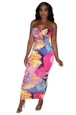 Sexy Europe and America Wrapped Chest Fashion Print Long Skirt Evening Dress