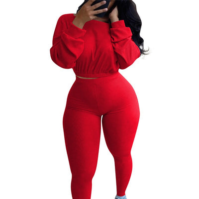 Autumn Women Ribbed Fitness Tracksuit 2 pieces Set Slim Crop top + Sporting Leggings Active Wear outfits Skinny Stretch Outwear
