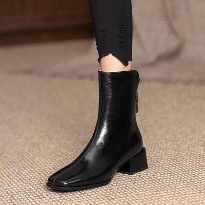 Fashion Women Boots Square Toe Zipper Mid Square Heel Short Ladies Boots Office Lady Gentle Solid Color Patent Female Shoes