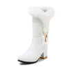 New Winter Long Women's Boots Waterproof Leather Boots Metal Decoration Round Toe Fur High Heels Size 34-43 K663