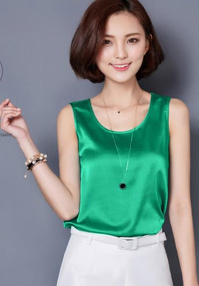 Chiffon silk blouse slim sleeveless O-neck blusa feminina tops shirts solid vest