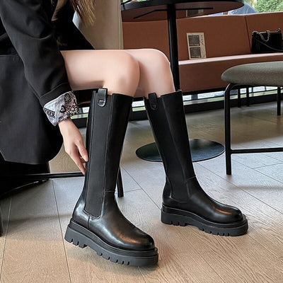 Women's High Boots Fashion Woman Non-slip Waterproof Winter Zipper PU Leather Knee High Boots Women Chunky Platform Long Boots