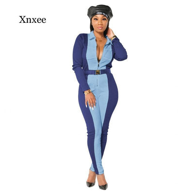 Spring and Autumn Women's Sexy Long Sleeve High Waist Catsuit Rib Knit Color Block One Piece Dress Lady