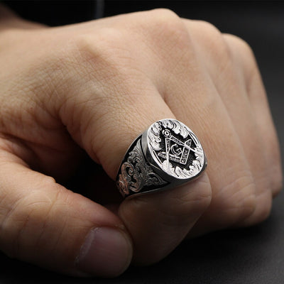 Masonic Signet Hand Engraved Master Mason Symbol G Templar Freemasonry Sterling Silver Ring