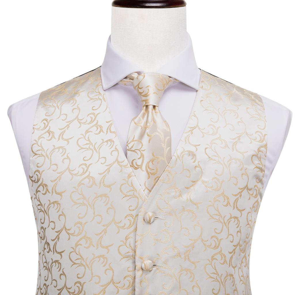 Hi-Tie 100% Silk Ivory Beige Champagne Gold Mens Vests Tie Hankerchief Cufflinks Set Jacquard Vine Waistcoat for Men Suit Dress