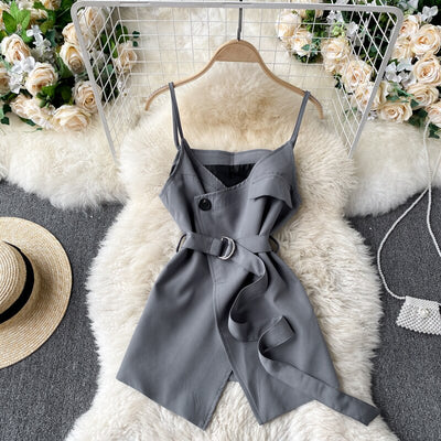 HOT Women Chic Twinset Top Popular Shirt Dress Matching Spaghetti Strap Belted Waist Vest 2 Pieces Twinset Blouse TN268