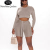 NewAsia Elastic 2 Piece Set Women Long Sleeve Crop Top And Bandage Biker Shorts Sets Casual Sporty Workout Active Wear Matching