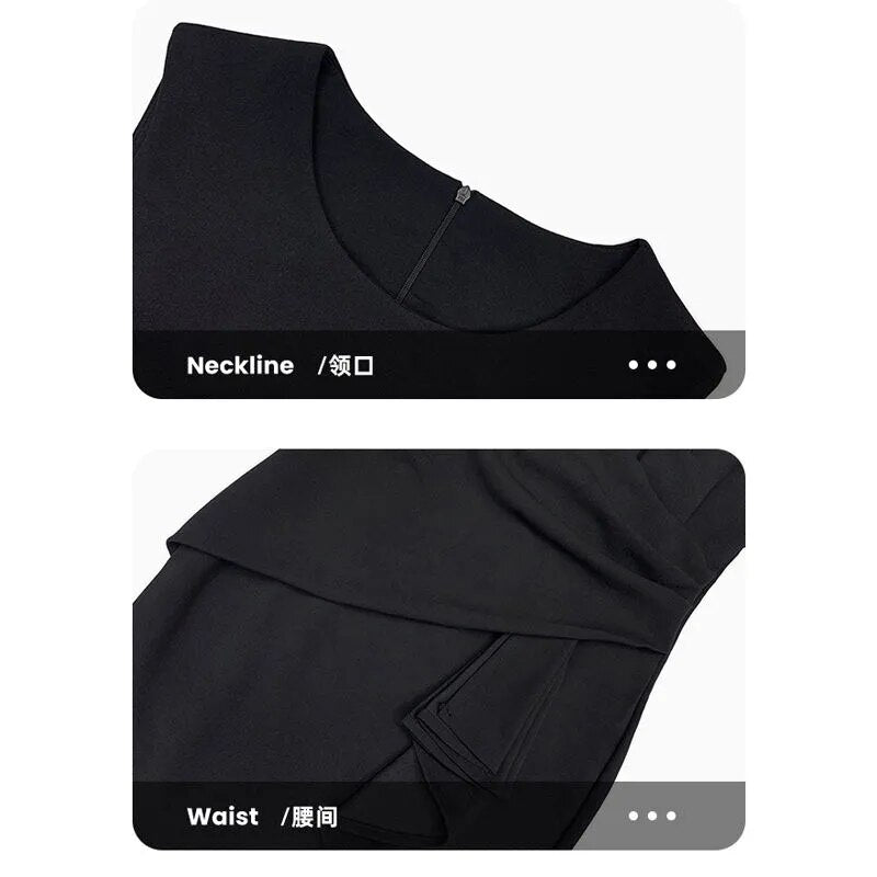 French Style Ruffle Folds Elegant Fashion Dress Summer Solid O-Neck Sleeveless Midi Slim Dress Women Chic Temperament Dresses