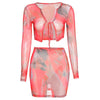 Sexy Mesh See Though 2 Piece Outfits Full Sleeve Low-Neck Bandage Sling Crop Top Mini Dress Matching Set Fashion Clubwear