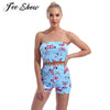 Women Summer Butterfly Print Outfit Sweet Suit Active Wear Two Piece Set Tracksuit Strapless Tube Crop Top High Waist Shorts Set