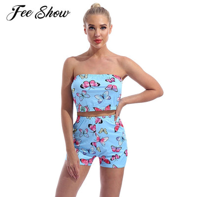 Women Summer Butterfly Print Outfit Sweet Suit Active Wear Two Piece Set Tracksuit Strapless Tube Crop Top High Waist Shorts Set