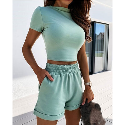 2piece Sets Women Summer Fashion Basic Sports Leisure Tops Shorts Active Casual T-shirt Shorts Loose Slim Suit Gym Wear