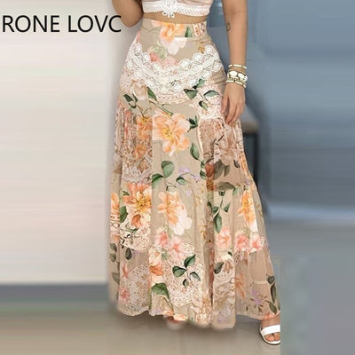 Women Eyelet Lace-up Floral Lace Hem Top & Skirt Sets Dress  2 Piece Set Women