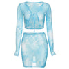 Sexy Mesh See Though 2 Piece Outfits Full Sleeve Low-Neck Bandage Sling Crop Top Mini Dress Matching Set Fashion Clubwear