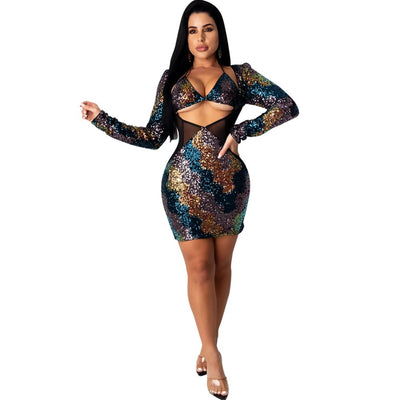 European and American hot style sexy printed shoulder strap ruffle dress nightclub clothes