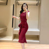 French Style Ruffle Folds Elegant Fashion Dress Summer Solid O-Neck Sleeveless Midi Slim Dress Women Chic Temperament Dresses
