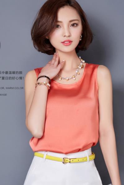 Chiffon silk blouse slim sleeveless O-neck blusa feminina tops shirts solid vest