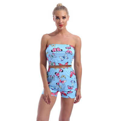 Women Summer Butterfly Print Outfit Sweet Suit Active Wear Two Piece Set Tracksuit Strapless Tube Crop Top High Waist Shorts Set