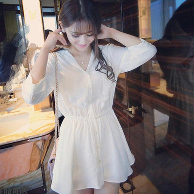 Women White V-neck Dress High Waist Chiffon Skirt Long Sleeve Mini Skirt