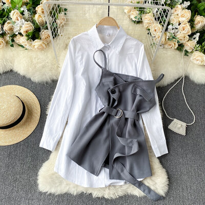 HOT Women Chic Twinset Top Popular Shirt Dress Matching Spaghetti Strap Belted Waist Vest 2 Pieces Twinset Blouse TN268