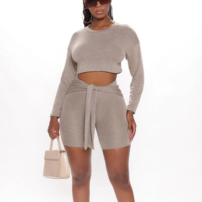 NewAsia Elastic 2 Piece Set Women Long Sleeve Crop Top And Bandage Biker Shorts Sets Casual Sporty Workout Active Wear Matching