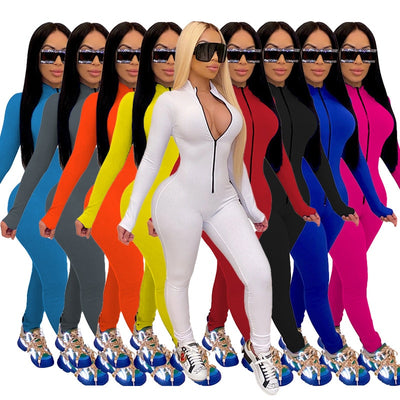 New Workout Active Wear Solid Color Rompers Womens Jumpsuit Sporty Long Sleeve Fitness Clubwear Zipper Party Jumpsuits Bodycon