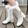 New Winter Long Women's Boots Waterproof Leather Boots Metal Decoration Round Toe Fur High Heels Size 34-43 K663