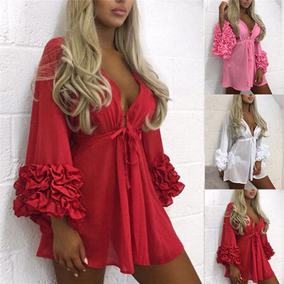 Women loose Shirt Blouse Solid Beachwear Dress tops 3D Flowers Lace-up Bandage Bathing Beach Blusas Female Perspective Clothing