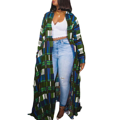 Plaid Lapel Long Shirt Dress Coat Spring Summer Single-Breasted Women Streetwear Vintage Vestidos  Ladies Dresses