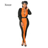 Spring and Autumn Women's Sexy Long Sleeve High Waist Catsuit Rib Knit Color Block One Piece Dress Lady