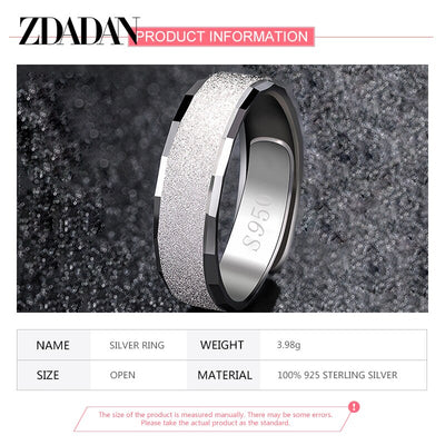 ZDADAN 925 Sterling Silver 6MM Frosted Open Finger Ring For Men Women Adjustable Jewelry Rings