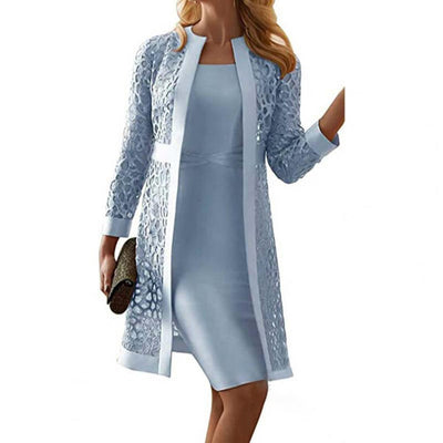 Elegant Women Dress Set Outfits Solid Color Lace Long Sleeve Cardigan Coat Dress Set Fashion Office Lady Dress Sets Party