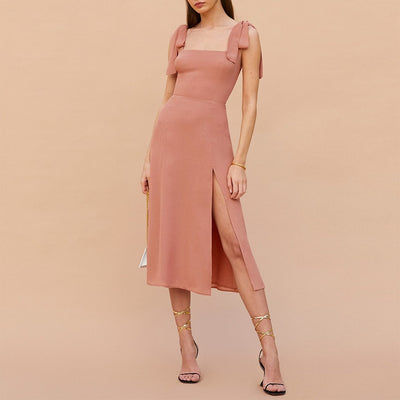 Dresses For Women 2021 Party Elegant Vintage High Slit Sexy Midi Dress Square Neck Sleeveless Tie Strap Summer Dress Clothes