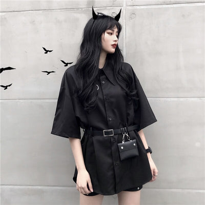 Long Shirts Women 2020 Summer Shirtdress Harajuku Loose Blouse Black Cargo Shirt With Belt Bag 3 Piece Sets Overshirt Korean Top