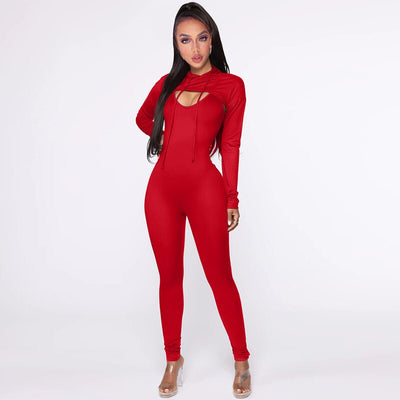 Active Wear Sporty Two Piece Sets Casual Hooded Long Sleeve Extra-short Pullover and Bodycon Sling One Piece Jumpsuits Sweatsuit