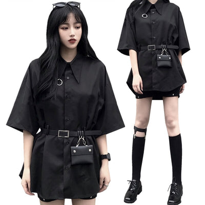 Long Shirts Women 2020 Summer Shirtdress Harajuku Loose Blouse Black Cargo Shirt With Belt Bag 3 Piece Sets Overshirt Korean Top
