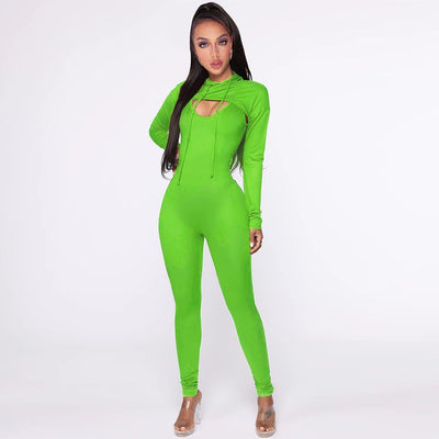 Active Wear Sporty Two Piece Sets Casual Hooded Long Sleeve Extra-short Pullover and Bodycon Sling One Piece Jumpsuits Sweatsuit