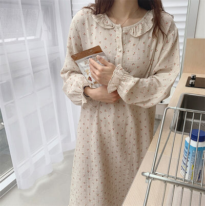 Ruffles Sleep Dress Women Long Sleeve Kawaii Cherry Print Korean Sleepwear Homewear Long Dress Autumn Elegant Casual Loose A001