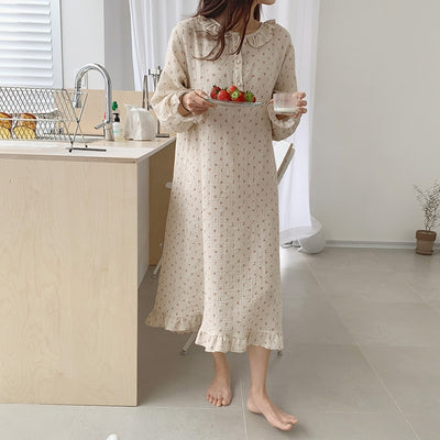 Ruffles Sleep Dress Women Long Sleeve Kawaii Cherry Print Korean Sleepwear Homewear Long Dress Autumn Elegant Casual Loose A001