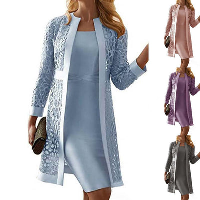 Elegant Women Dress Set Outfits Solid Color Lace Long Sleeve Cardigan Coat Dress Set Fashion Office Lady Dress Sets Party