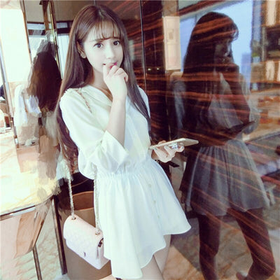 Women White V-neck Dress High Waist Chiffon Skirt Long Sleeve Mini Skirt